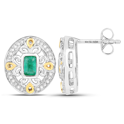 0.69 Carat Genuine Zambian Emerald and White Diamond 14K Yellow Gold with .925 Sterling Silver Earrings