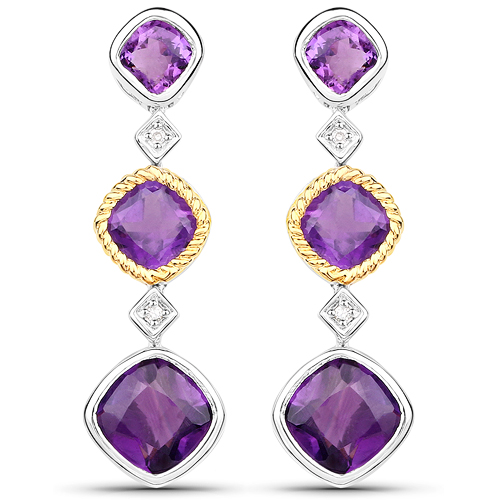 Amethyst-3.17 Carat Genuine Amethyst and White Diamond 14K Yellow Gold with .925 Sterling Silver Earrings