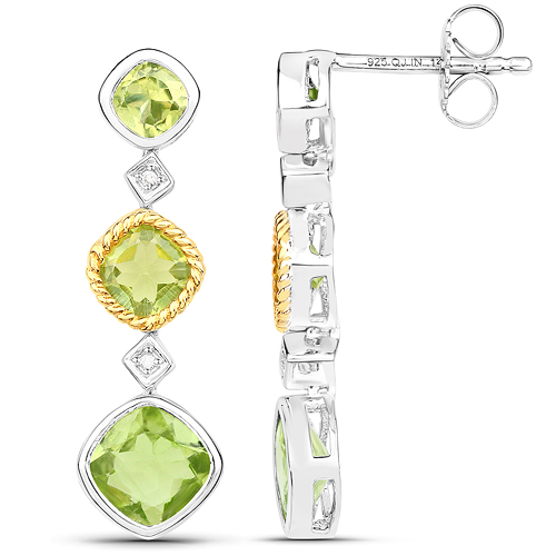 3.79 Carat Genuine Peridot and White Diamond 14K Yellow Gold with .925 Sterling Silver Earrings