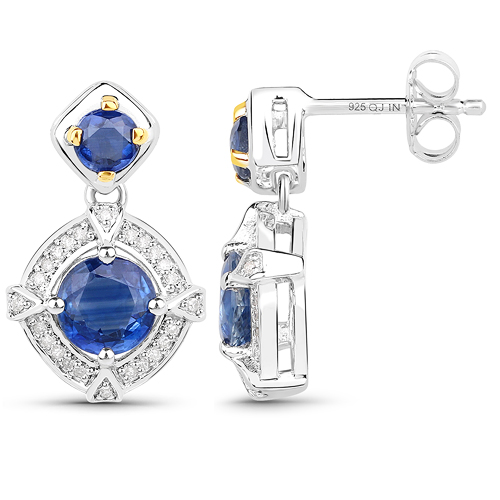 3.03 Carat Genuine Kyanite and White Diamond 14K Yellow Gold with .925 Sterling Silver Earrings