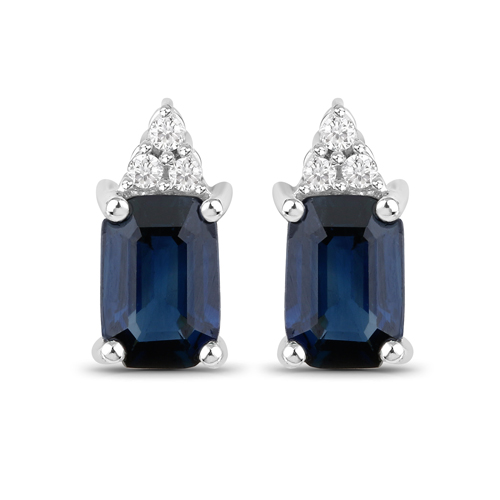 Earrings-1.21 Carat Genuine Blue Sapphire and White Diamond 14K White Gold Earrings