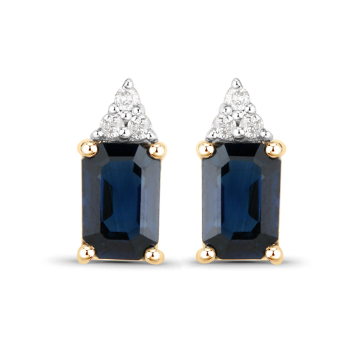 Earrings-1.21 Carat Genuine Blue Sapphire and White Diamond 14K Yellow Gold Earrings