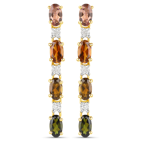 Earrings-18K Yellow Gold Plated 1.92 Carat Genuine Multi Tourmaline and White Topaz .925 Sterling Silver Earrings