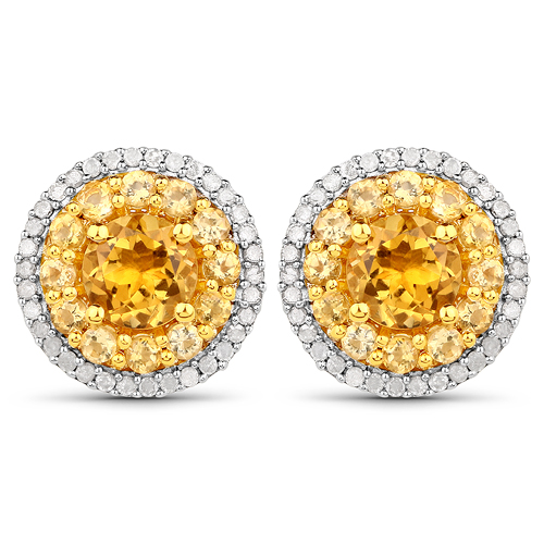 Citrine-18K Yellow Gold Plated 2.62 Carat Genuine Citrine and White Diamond .925 Sterling Silver Earrings