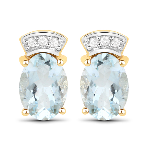 1.43 Carat Genuine Aquamarine and White Diamond 14K Yellow Gold Earrings