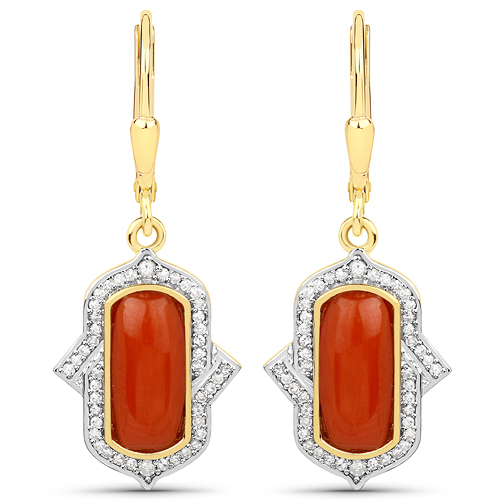 Earrings-3.93 Carat Genuine Red Coral and White Diamond .925 Sterling Silver Earrings