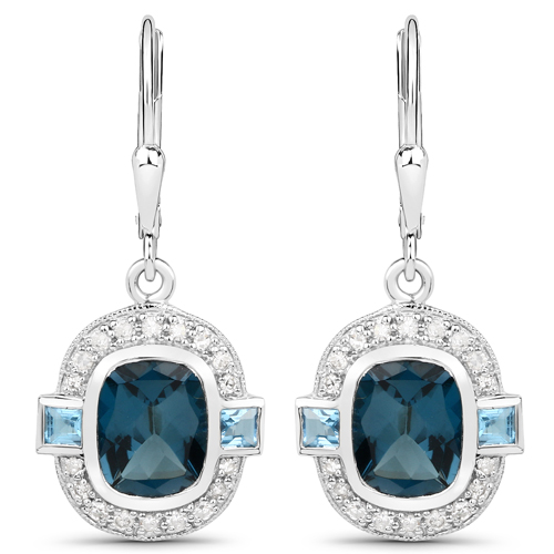 Earrings-4.90 Carat Genuine London Blue Topaz, Swiss Blue Topaz and White Diamond .925 Sterling Silver Earrings