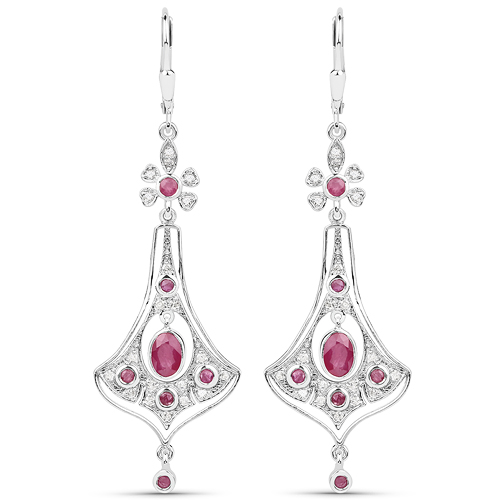 2.02 Carat Genuine Ruby and White Diamond .925 Sterling Silver Earrings