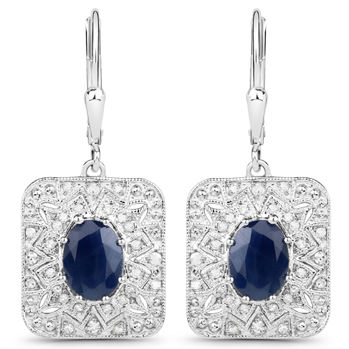 Earrings-3.36 Carat Genuine Blue Sapphire and White Diamond .925 Sterling Silver Earrings