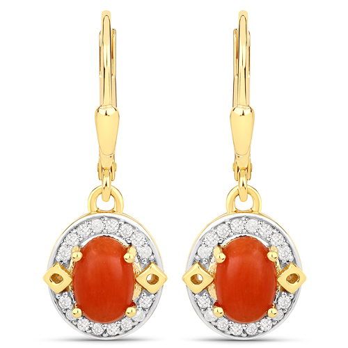 Earrings-1.77 Carat Genuine Coral and White Diamond .925 Sterling Silver Earrings