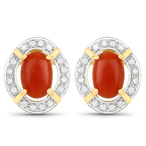 1.75 Carat Genuine Coral and White Diamond 14K Yellow Gold Earrings