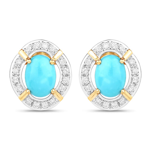 Earrings-1.35 Carat Genuine Turquoise and White Diamond 14K Yellow Gold Earrings