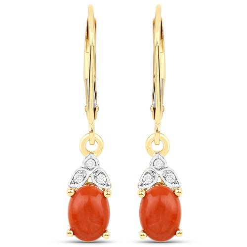 Earrings-1.64 Carat Genuine Coral and White Diamond 14K Yellow Gold Earrings