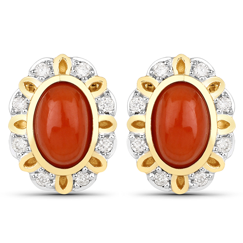 1.20 Carat Genuine Coral and White Diamond 14K Yellow Gold Earrings