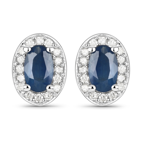 Earrings-0.57 Carat Genuine Blue Sapphire and White Diamond .925 Sterling Silver Earrings