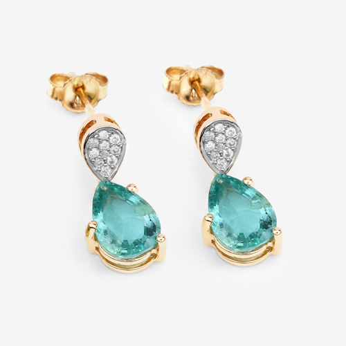 2.28 Carat Genuine Zambian Emerald and White Diamond 14K Yellow Gold Earrings
