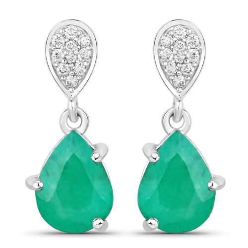Emerald-2.28 Carat Genuine Zambian Emerald and White Diamond 14K White Gold Earrings
