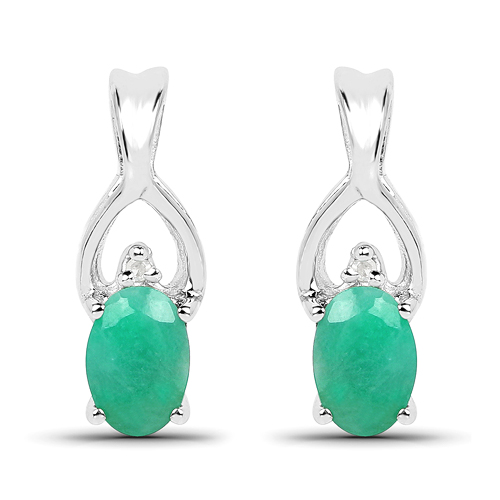 Emerald-0.89 Carat Genuine Emerald and White Diamond .925 Sterling Silver Earrings