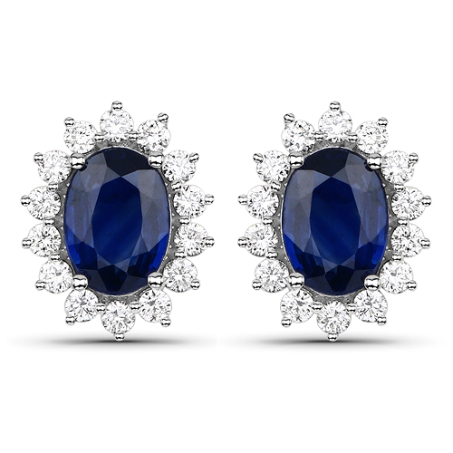 2.29 Carat Genuine Blue Sapphire and White Diamond 14K White Gold Earrings