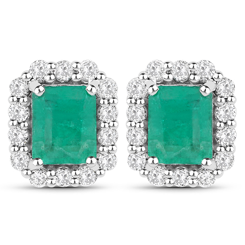 Emerald-1.22 Carat Genuine Zambian Emerald and White Diamond 14K White Gold Earrings