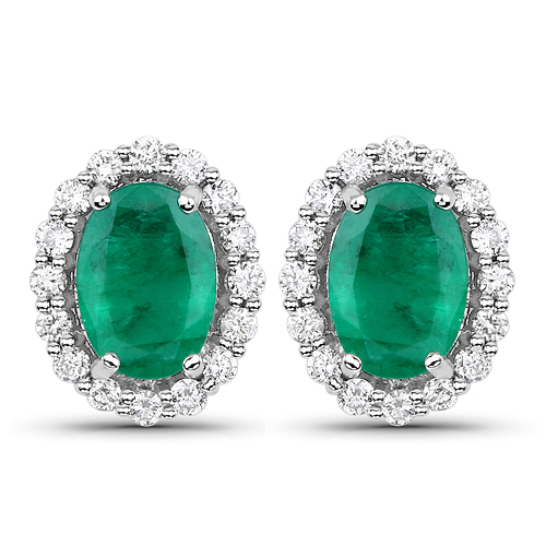 Emerald-1.76 Carat Genuine Zambian Emerald and White Diamond 14K White Gold Earrings