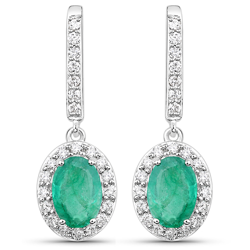 Emerald-1.90 Carat Genuine Zambian Emerald and White Diamond 14K White Gold Earrings