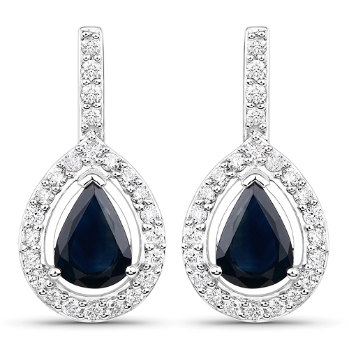 2.08 Carat Genuine Blue Sapphire and White Diamond 14K White Gold Earrings