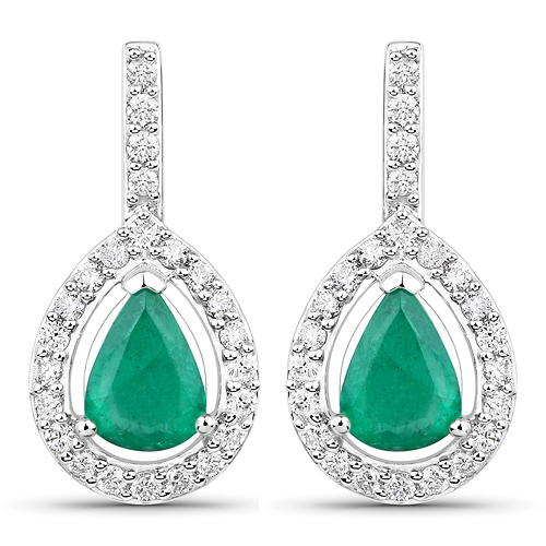 Emerald-1.78 Carat Genuine Zambian Emerald and White Diamond 14K White Gold Earrings