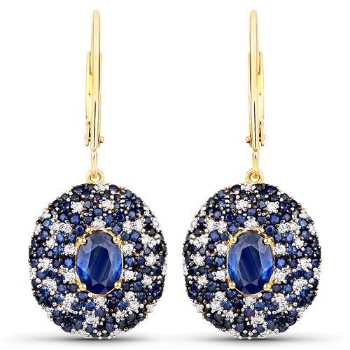 Earrings-5.18 Carat Genuine Blue Sapphire and White Diamond 14K Yellow Gold Earrings