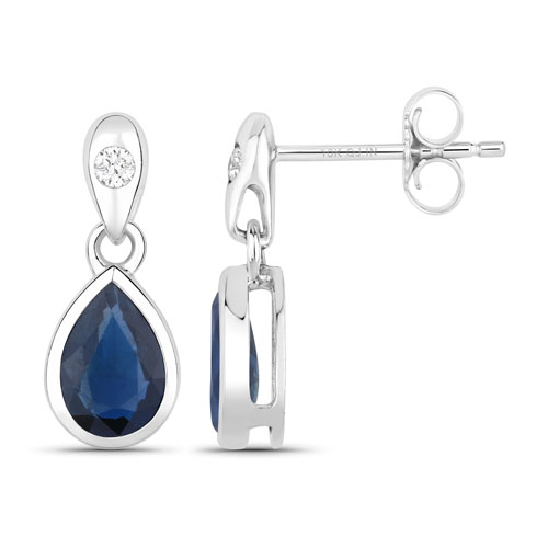1.65 Carat Genuine Blue Sapphire and White Diamond 10K White Gold Earrings