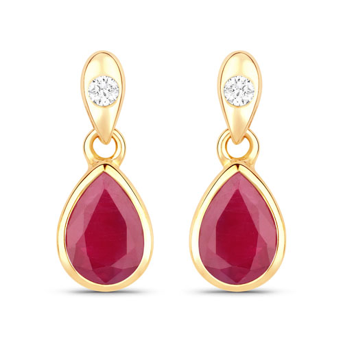 Earrings-1.65 Carat Genuine Ruby and White Diamond 10K Yellow Gold Earrings