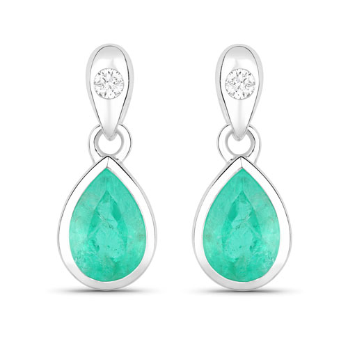 Emerald-1.35 Carat Genuine Zambian Emerald and White Diamond 10K White Gold Earrings