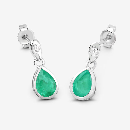 1.35 Carat Genuine Zambian Emerald and White Diamond 10K White Gold Earrings