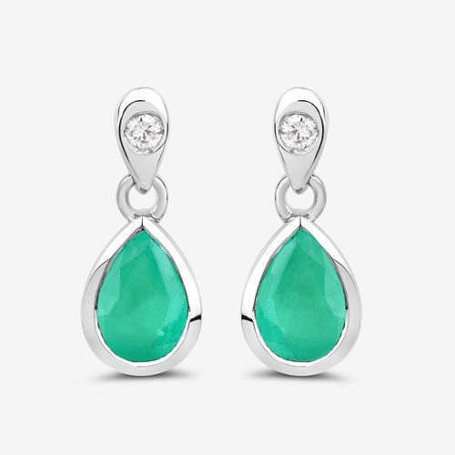 1.35 Carat Genuine Zambian Emerald and White Diamond 10K White Gold Earrings