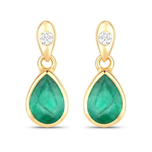 Emerald-1.35 Carat Genuine Zambian Emerald and White Diamond 10K Yellow Gold Earrings