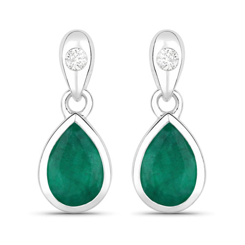 Emerald-1.35 Carat Genuine Zambian Emerald and White Diamond 14K White Gold Earrings