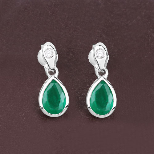 1.35 Carat Genuine Zambian Emerald and White Diamond 14K White Gold Earrings