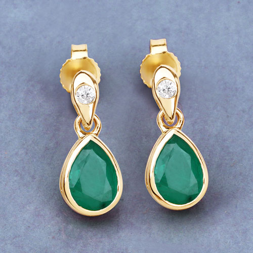 1.35 Carat Genuine Zambian Emerald and White Diamond 14K Yellow Gold Earrings