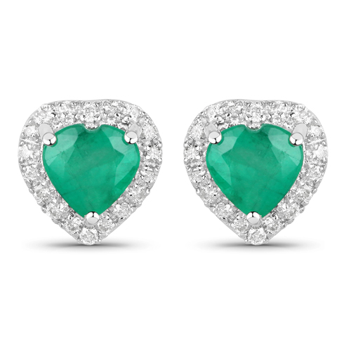 Emerald-1.03 Carat Genuine Zambian Emerald and White Diamond 14K White Gold Earrings