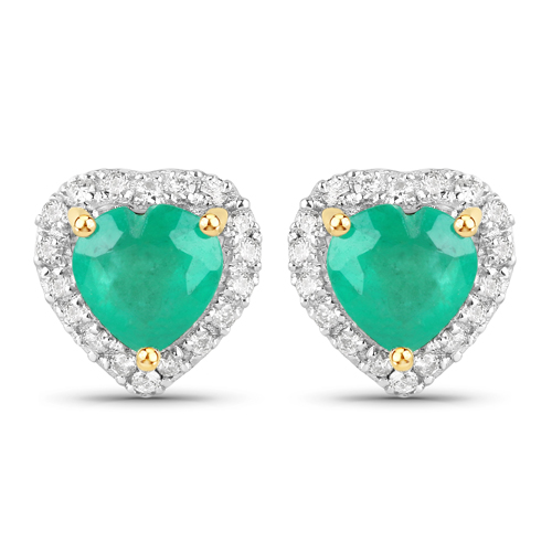 Emerald-1.03 Carat Genuine Zambian Emerald and White Diamond 14K Yellow Gold Earrings