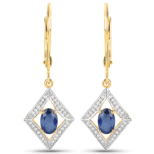 Earrings-1.14 Carat Genuine Blue Sapphire and White Diamond 14K Yellow Gold Earrings
