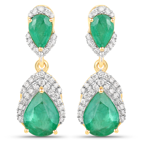 Emerald-3.20 Carat Genuine Zambian Emerald and White Diamond 14K Yellow Gold Earrings