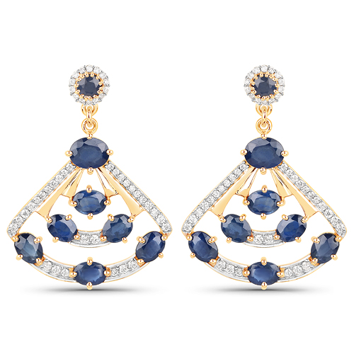 Earrings-3.66 Carat Genuine Blue Sapphire and White Diamond 14K Yellow Gold Earrings