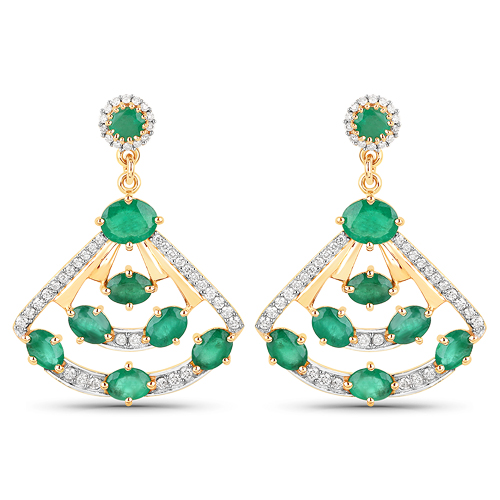 Emerald-2.94 Carat Genuine Zambian Emerald and White Diamond 14K Yellow Gold Earrings