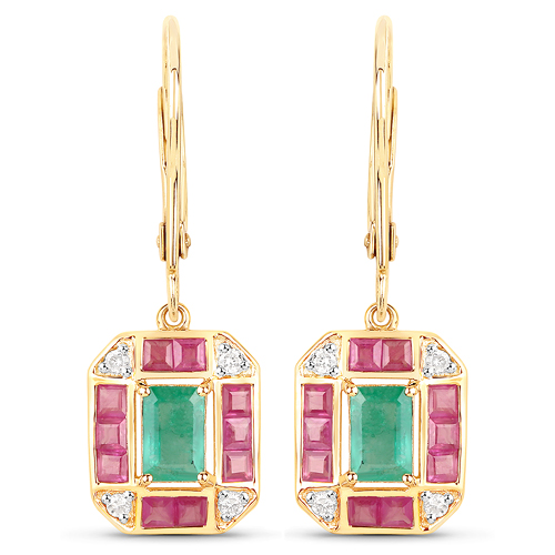Emerald-2.41 Carat Genuine Zambian Emerald, Ruby and White Diamond 14K Yellow Gold Earrings