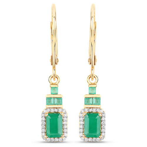 Emerald-1.57 Carat Genuine Zambian Emerald and White Diamond 14K Yellow Gold Earrings