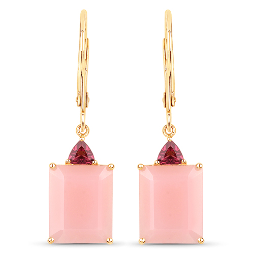 Earrings-7.20 Carat Genuine Pink Opal and Rhodolite 14K Yellow Gold Earrings