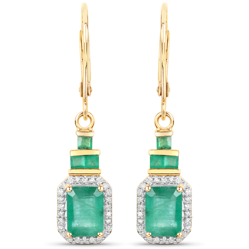 Emerald-2.34 Carat Genuine Zambian Emerald and White Diamond 14K Yellow Gold Earrings