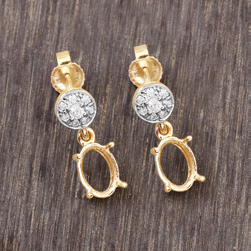 0.11 Carat Genuine White Diamond 14K Yellow Gold Semi Mount Earrings - holds 7x5mm Oval Gemstones