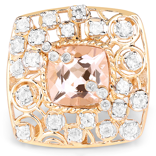 14K Yellow Gold Plated 3.33 Carat Synthartic Morganite and White Topaz .925 Sterling Silver Ring